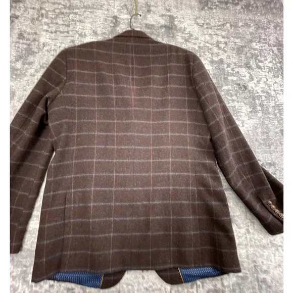 Bachrach Mens 42L Brown Tan Blue Windowpane Wool Blend Sport Coat Jacket